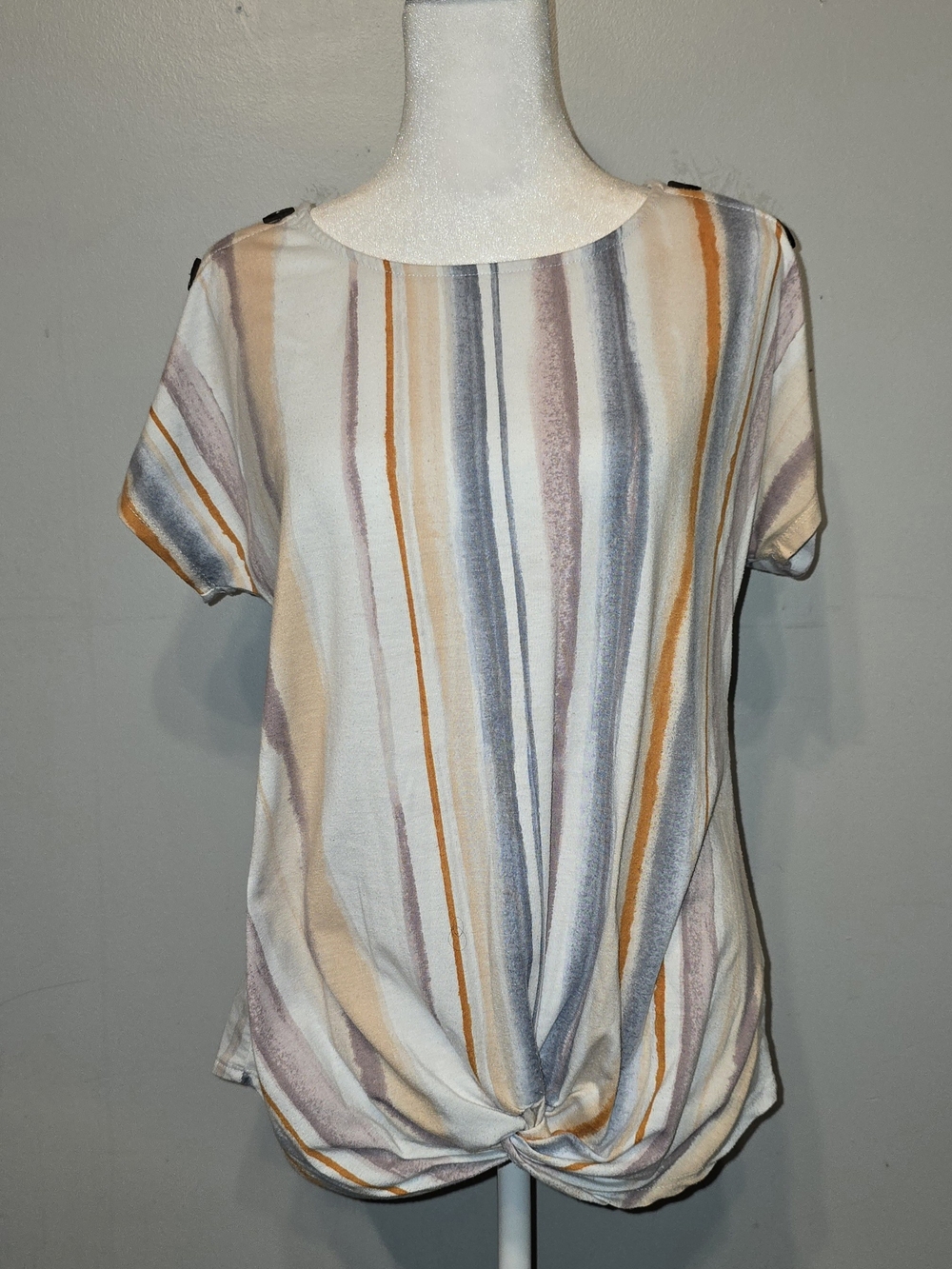 Striped Twist-Hem Short Sleeve Tee - White/Multi